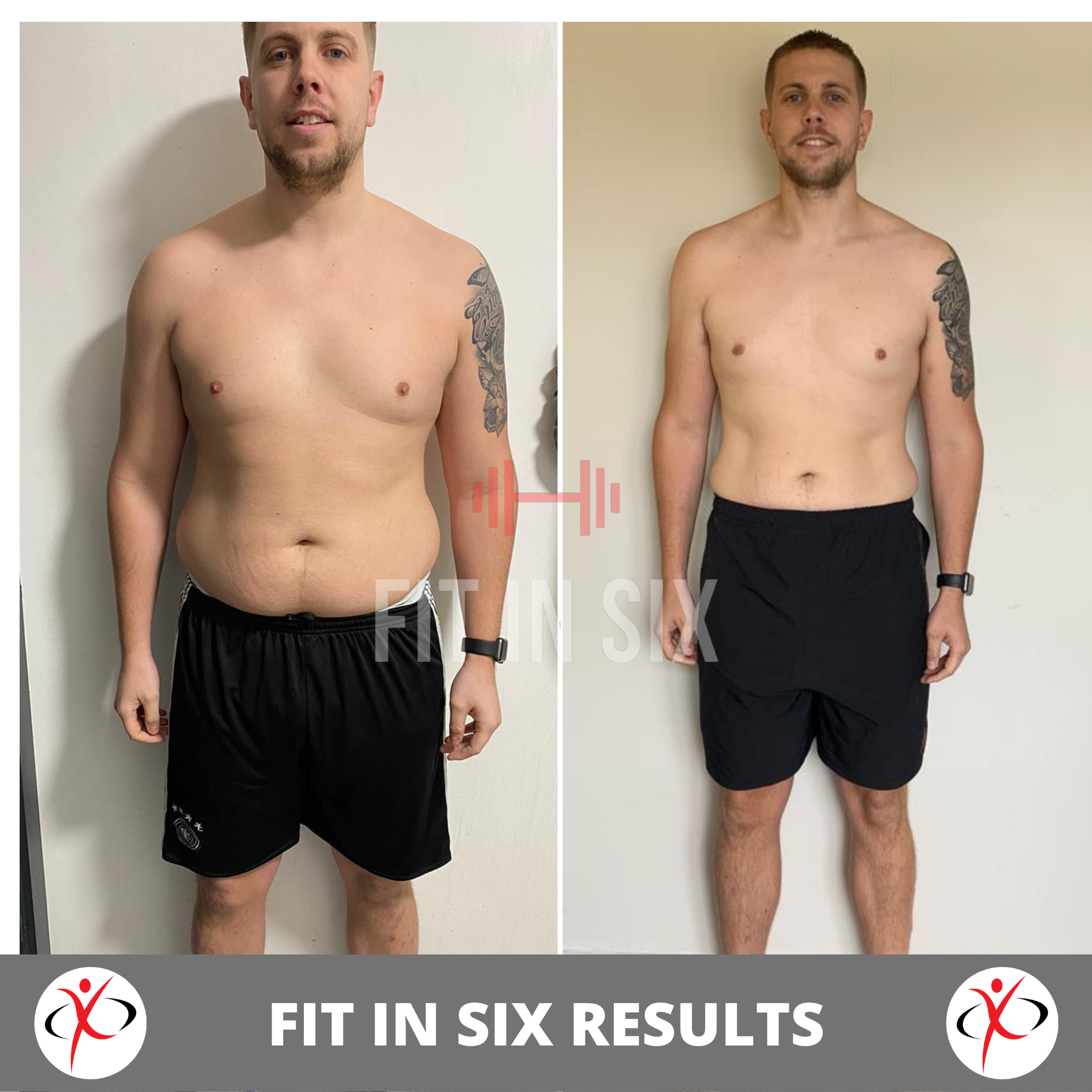 Side-by-side before and after photos of a shirtless man in black shorts, showing weight loss transformation.
