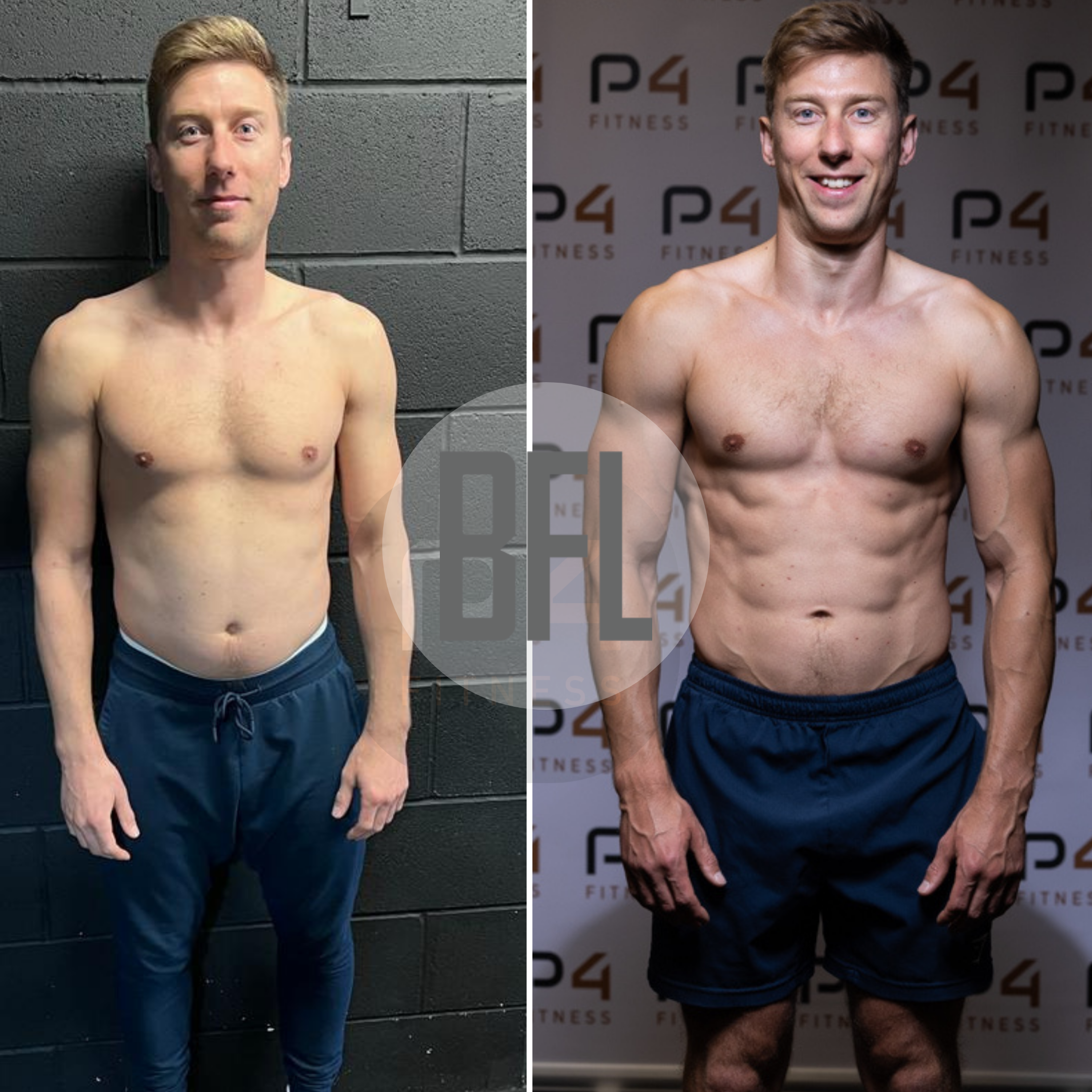 Side-by-side comparison of a shirtless man before and after fitness transformation. In the 'before' image, he has a less muscular build, and in the 'after' image, he has a muscular, defined physique with visible abs, smiling in front of a fitness cen