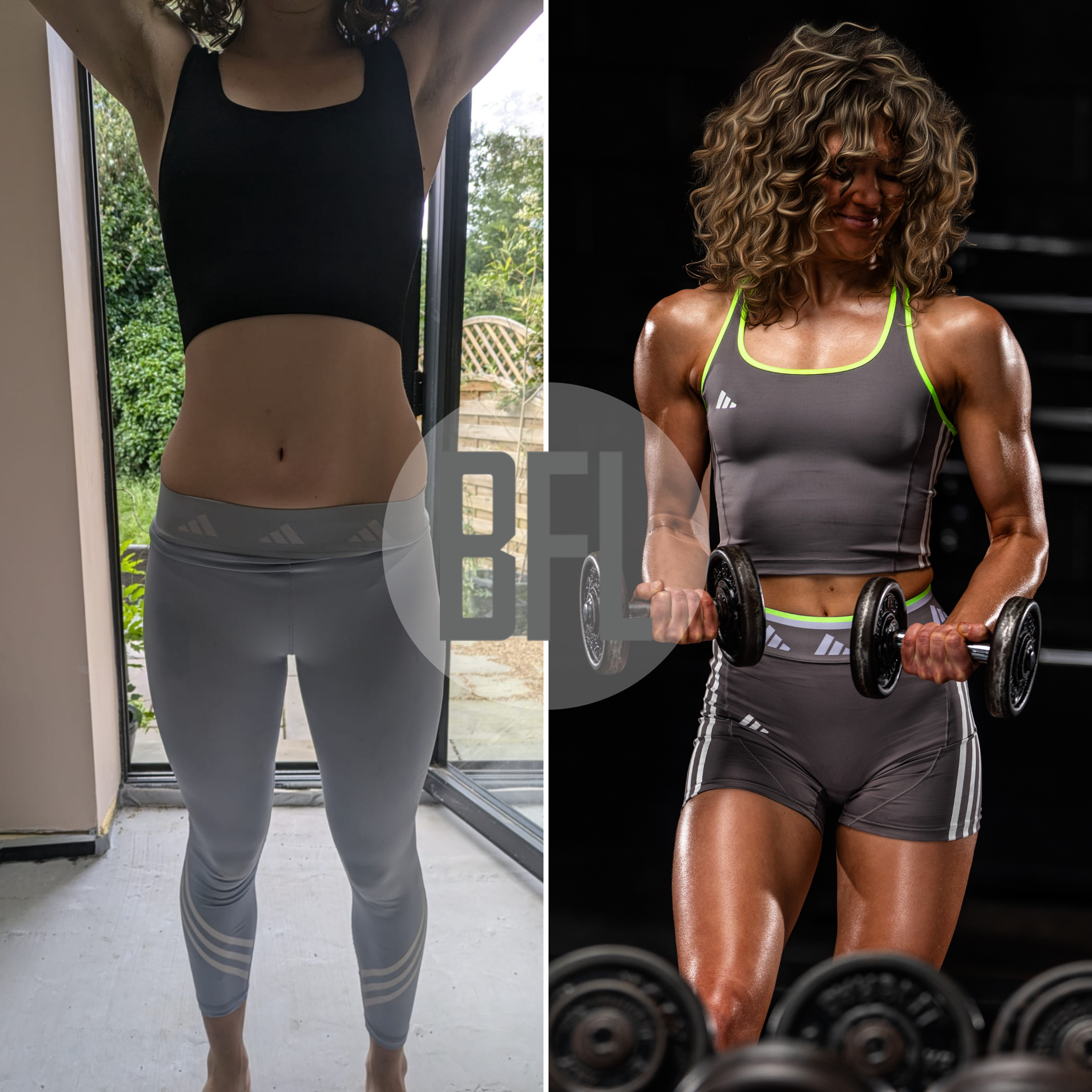 Side-by-side comparison of a woman before and after working out, showing slimmer physique in the 'after' photo with one side holding dumbbells.