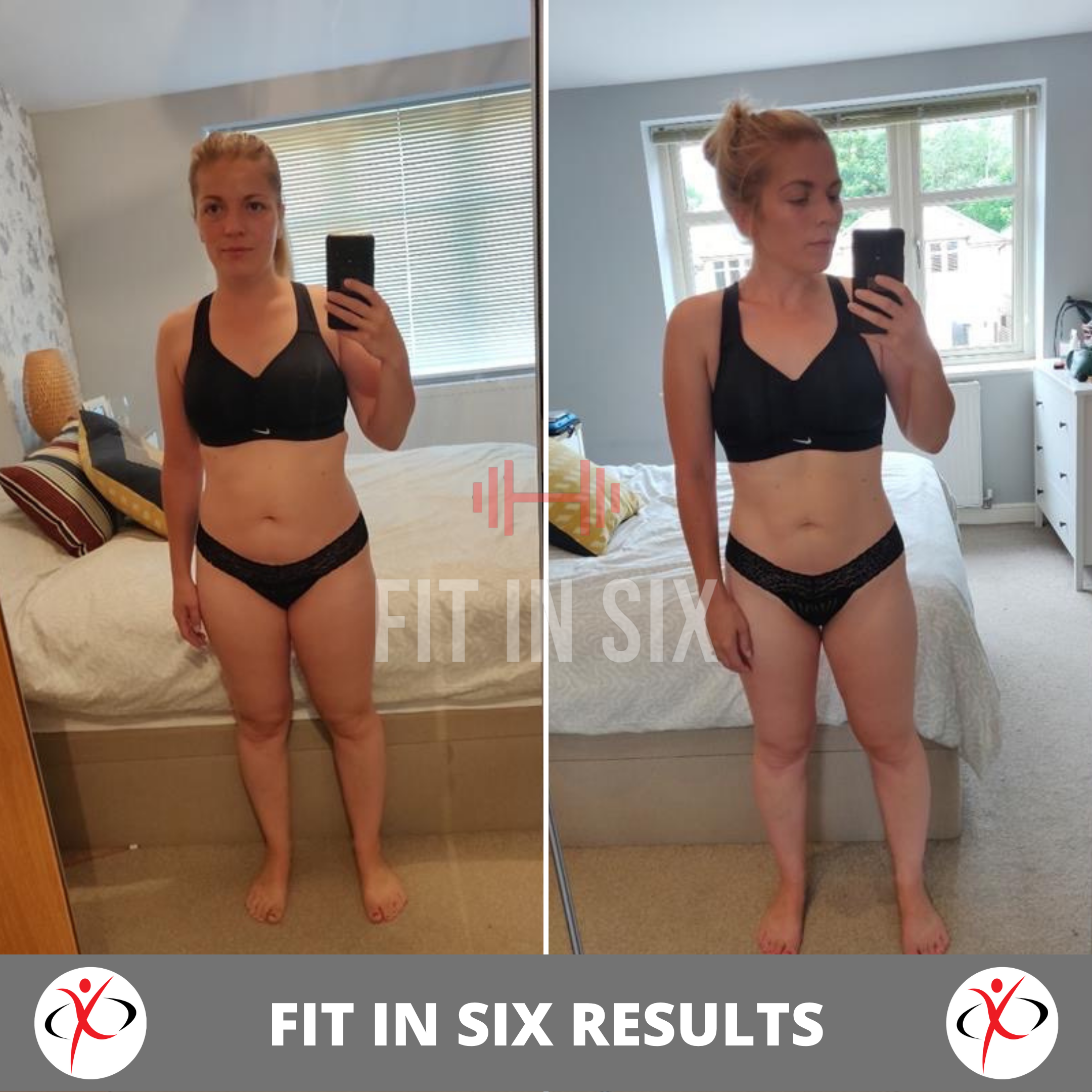 Side-by-side comparison of a woman in black sports bra and underwear, showing weight loss progress in a bedroom, with the left photo displaying more body weight and the right photo showing a slimmer physique.