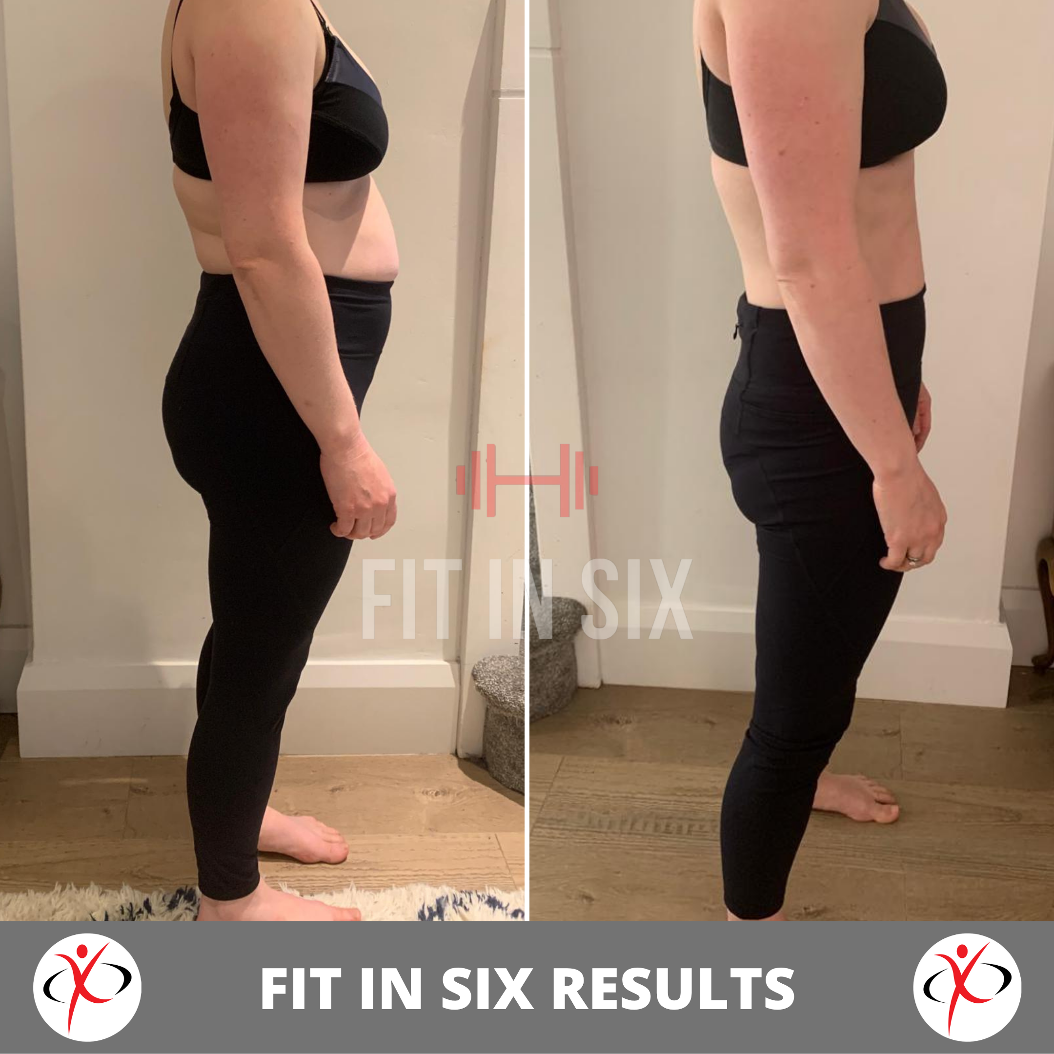 Side-by-side comparison of a woman's body before and after fitness progress, showing weight loss and improved muscle tone.