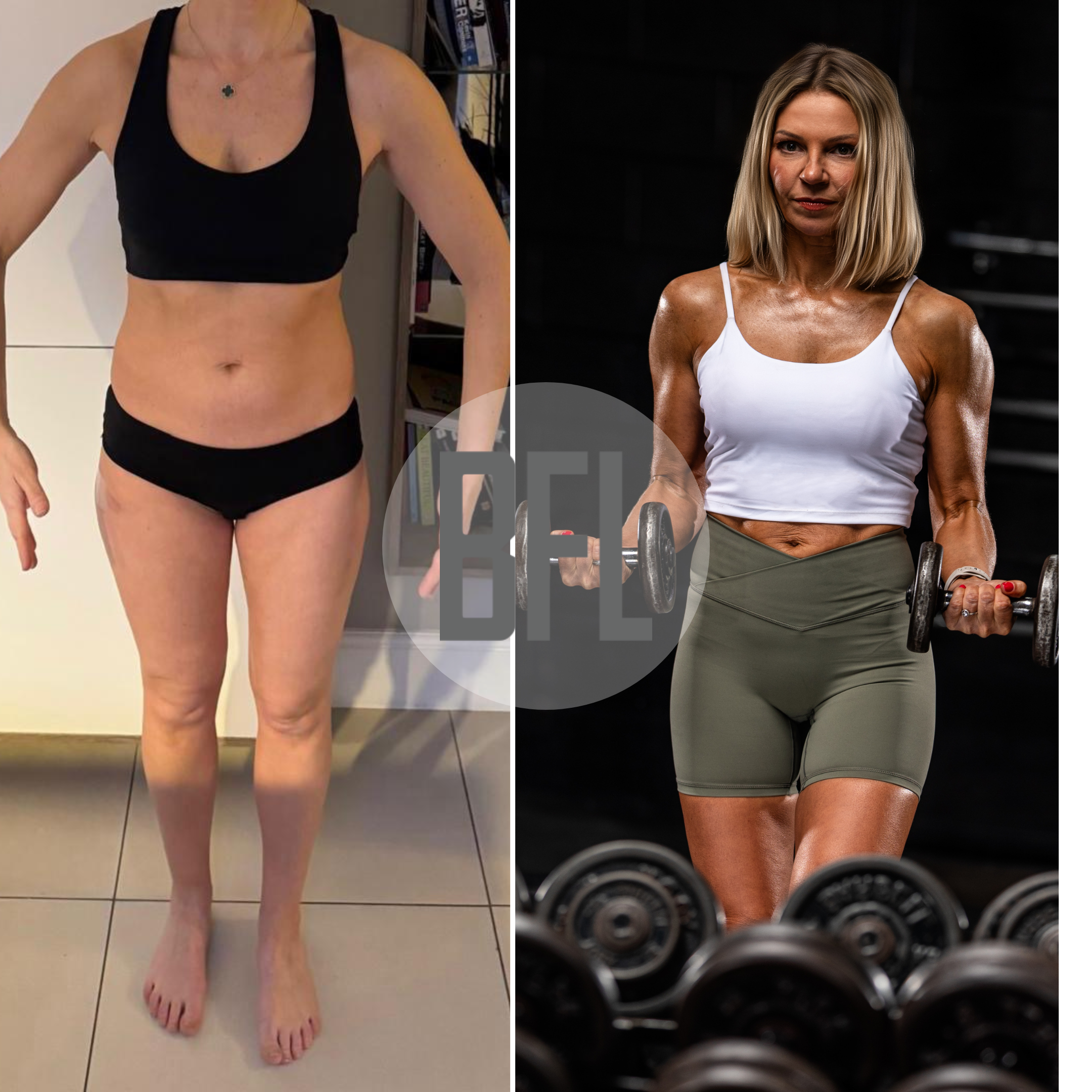 Side-by-side comparison of a woman before and after fitness transformation; left shows her with more body fat in a black sports bra and shorts, standing indoors; right shows her in a white sports bra and green shorts, lifting dumbbells in a gym, with