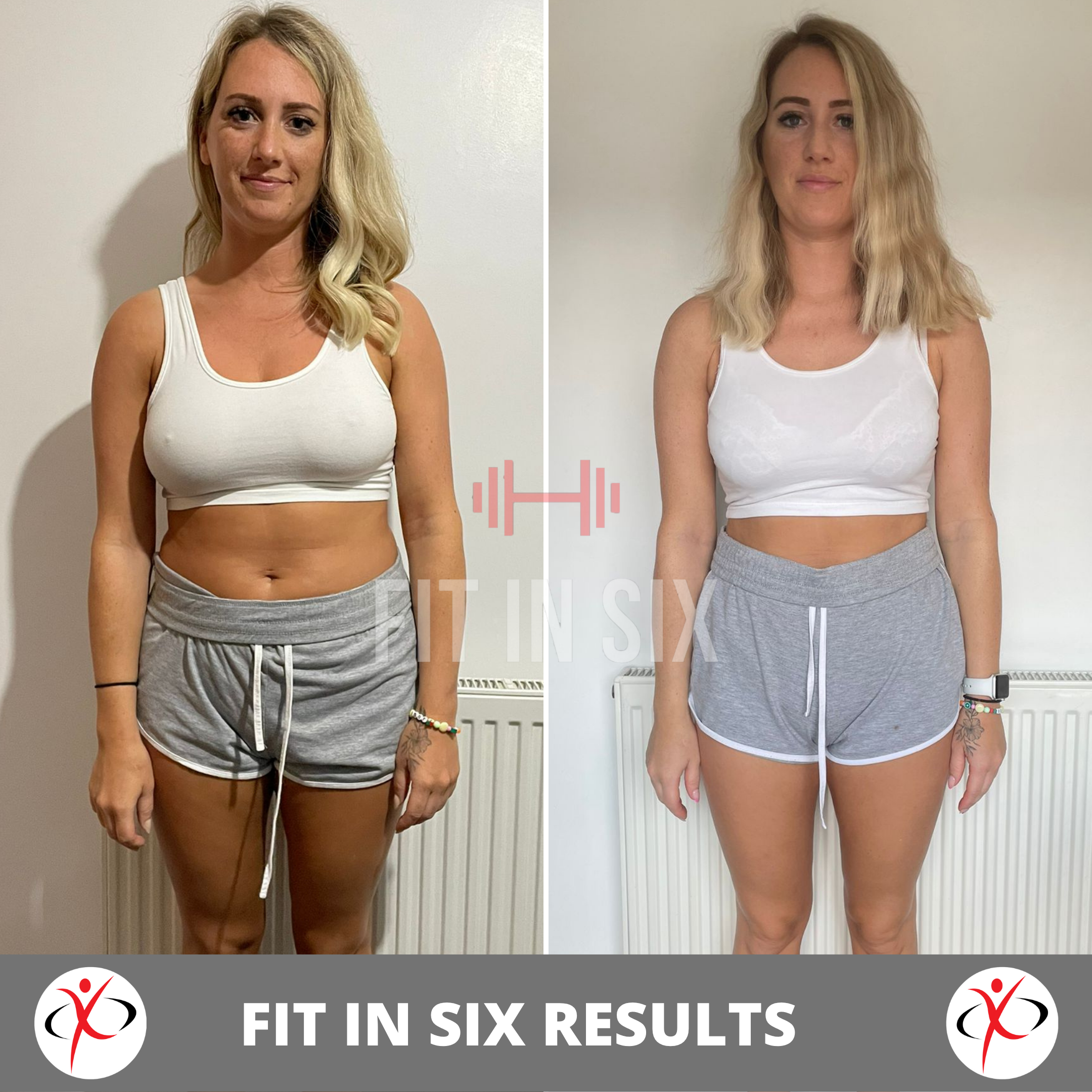 Side-by-side photos of a woman showing fitness progress, wearing similar outfits, before and after results.