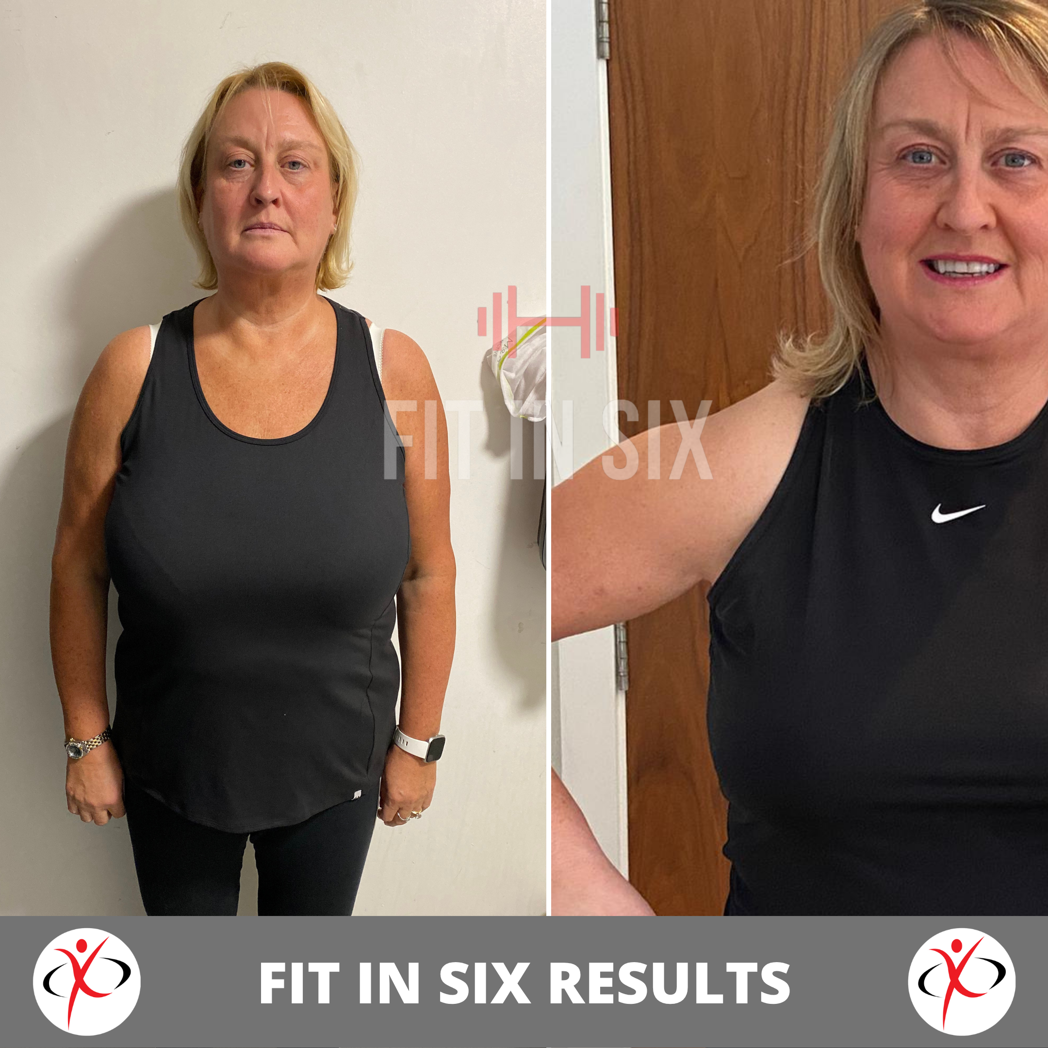 Side-by-side comparison of a woman before and after fitness transformation, wearing black workout attire, smiling in the after photo.
