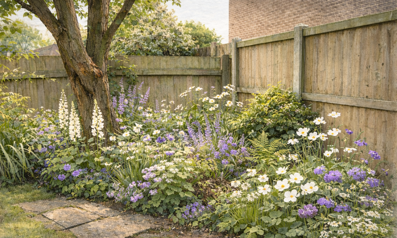 A backyard garden with a tree, colorful flowers including white, purple, and yellow, stone pathway, wooden fence, and greenery.