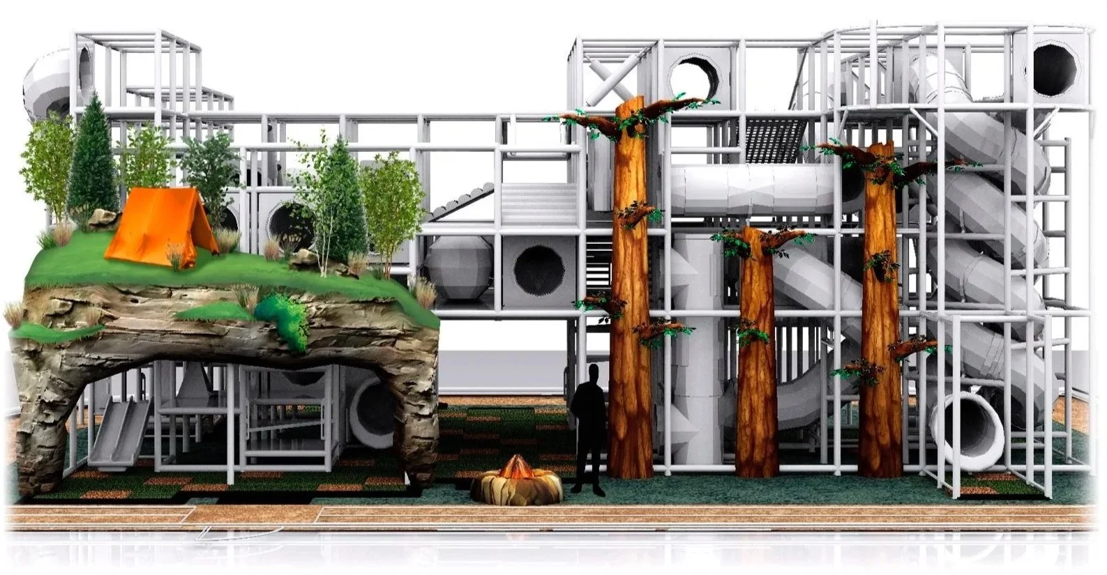 Rendering of a large indoor playground structure with slides, tunnels, and climbing areas, featuring green and brown tree sculptures, an orange tent, and a rock climbing arch, with a person standing in front of it.
