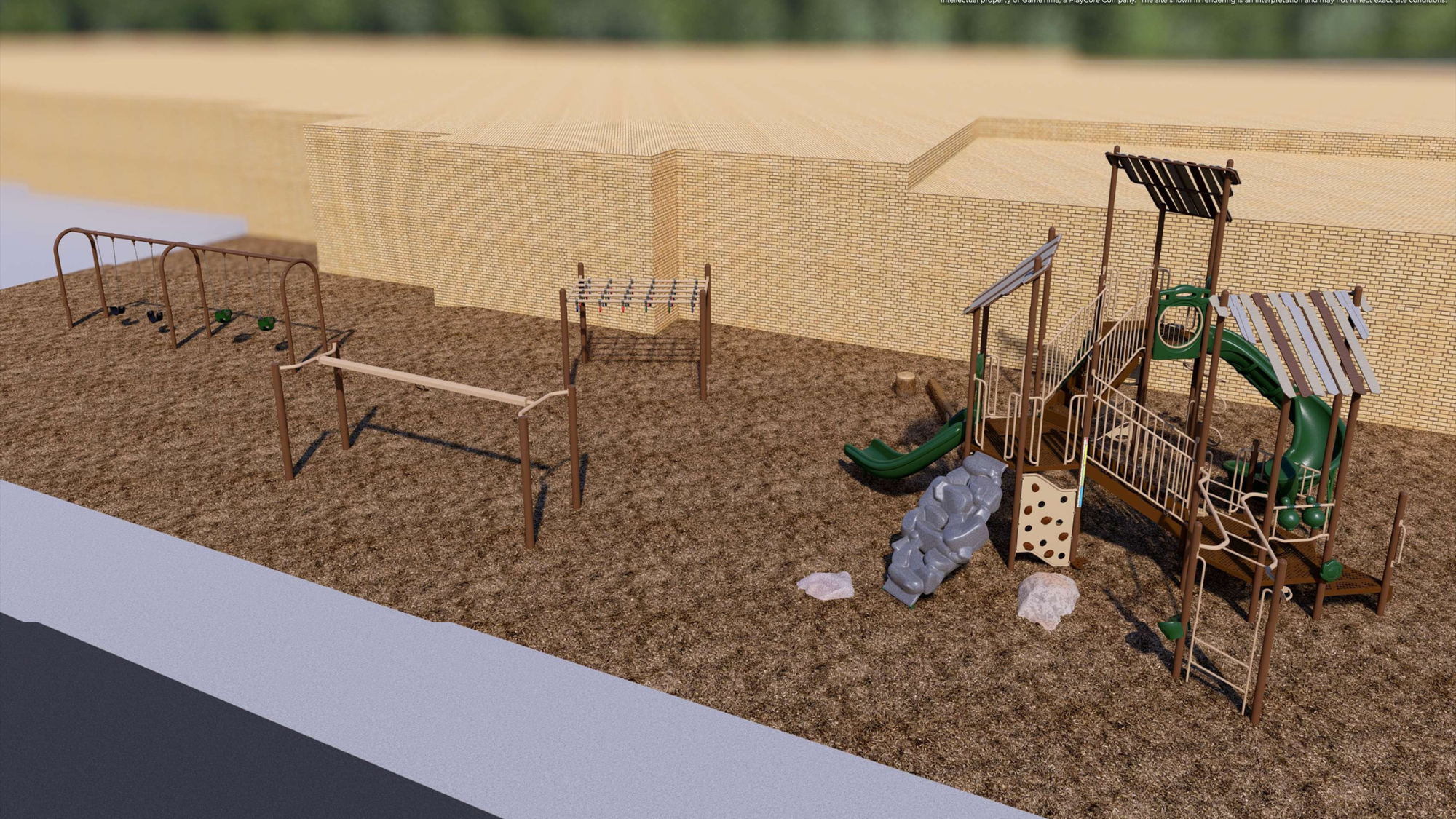 A playground with swing sets, climbing structures, slides, and rocks, situated on a dirt surface with a brick wall in the background.