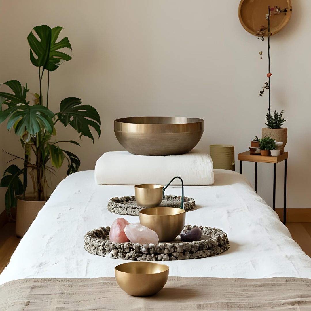 Minimalist room with a white bed covered in a white sheet, decorated with gold and stone bowls, a large metallic bowl at the head of the bed, potted plants on a small table and wall, and green indoor plant in a pot on the left side of the room.