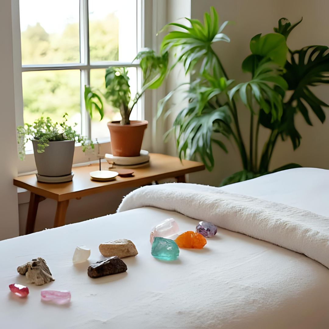 A bed with a white sheet and rolled towel, decorated with various colorful crystals. A window with sunlight streaming in, and potted plants on a wooden table nearby.