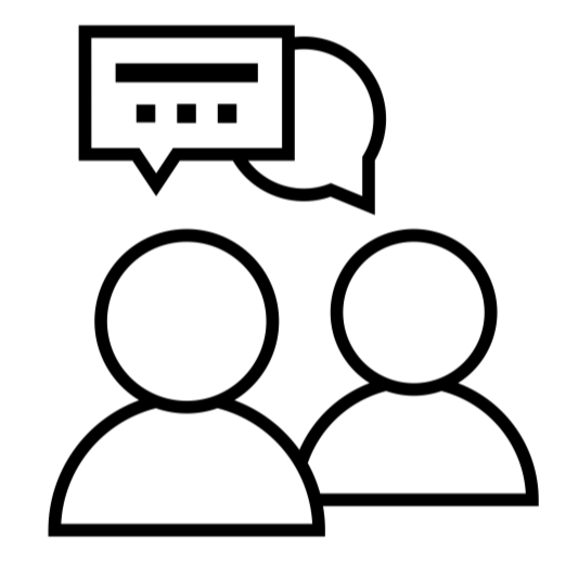 A black-and-white line drawing of two stylized figures speaking to each other.