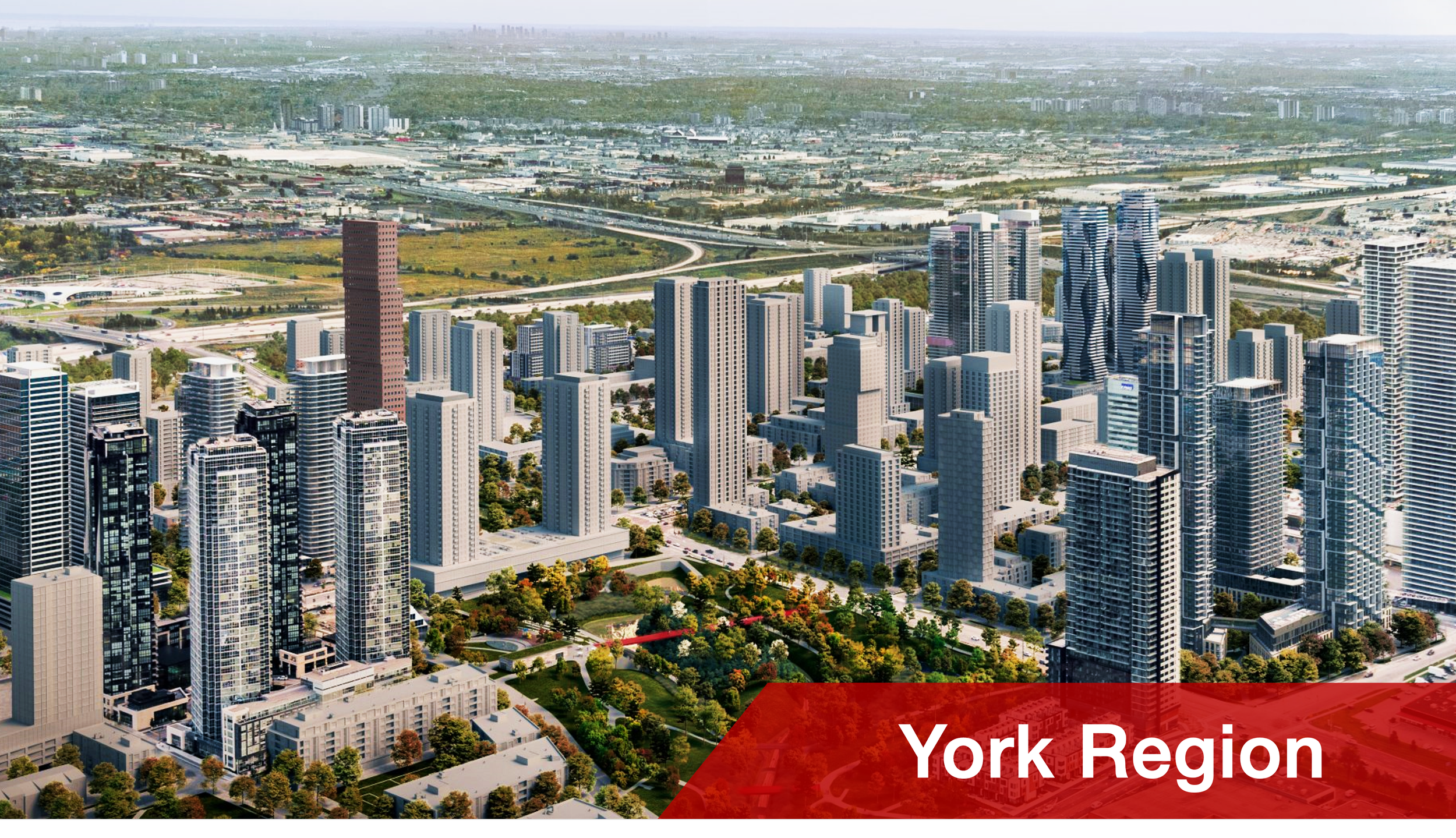 Aerial view of a city skyline with numerous skyscrapers with green parks and streets in the foreground and more buildings and greenery in the background. Text reads 'York Region' in a red banner at the bottom.