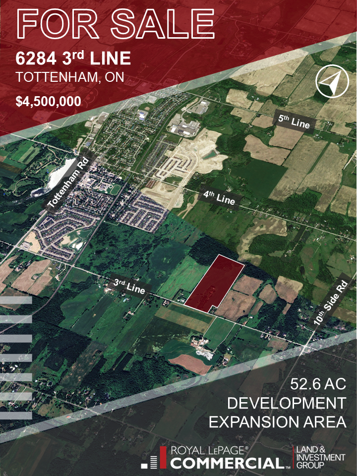 Located within the Focus Study Area in Tottenham, approximately 53 acres of prime vacant land with 90% usable. Nearby servicing infrastructure and expansion coming from Tottenham.