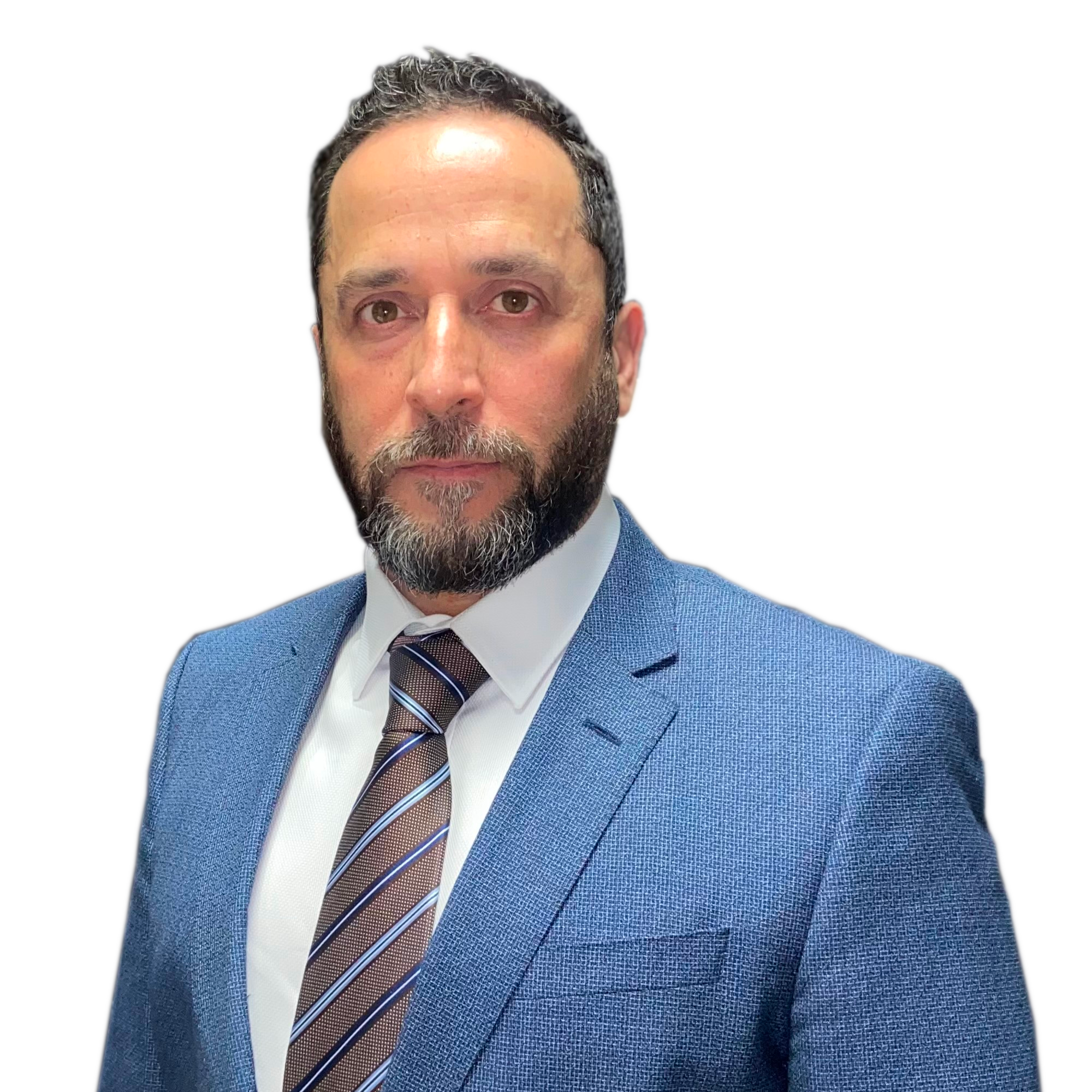 Sebastian Malhotra, Peel region commercial sales and investment. A man wearing a blue suit, white shirt, and striped tie, with a beard, looking directly at the camera against a black background.