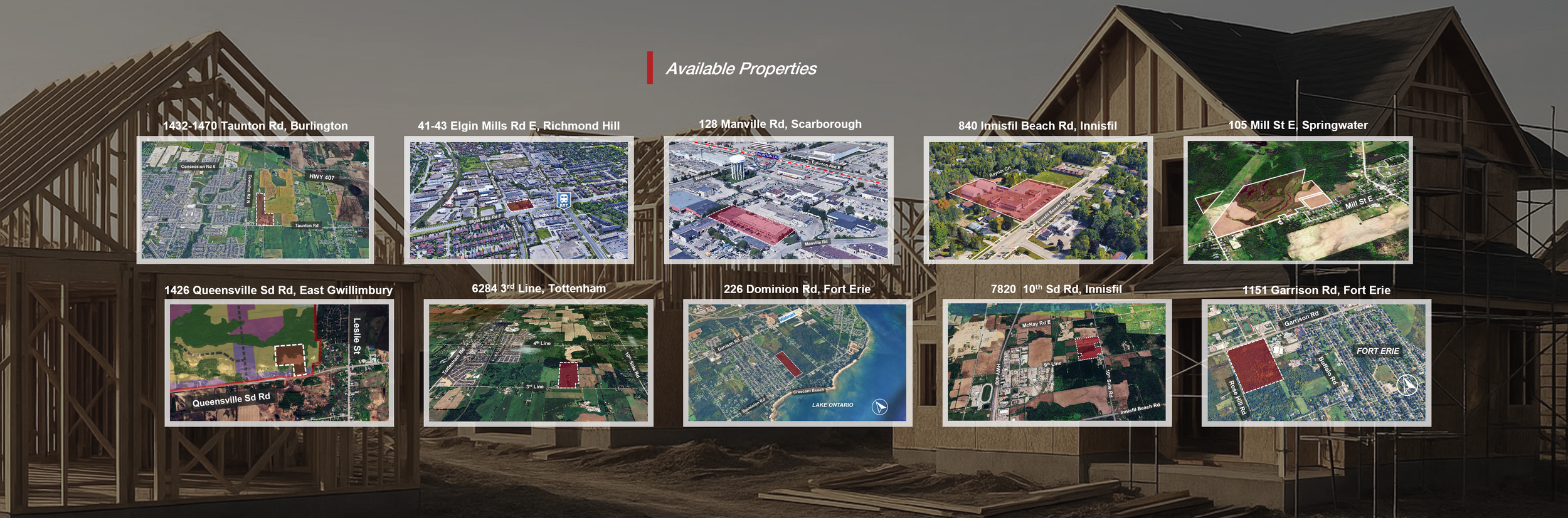 Digital collage of property development plans overlaid on an under-construction house frame with visible wood beams and framing in the background.