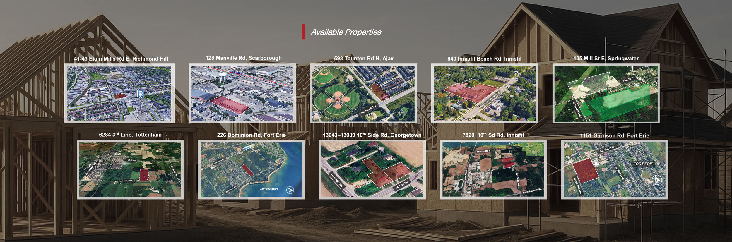 Digital collage of property development plans overlaid on an under-construction house frame with visible wood beams and framing in the background.