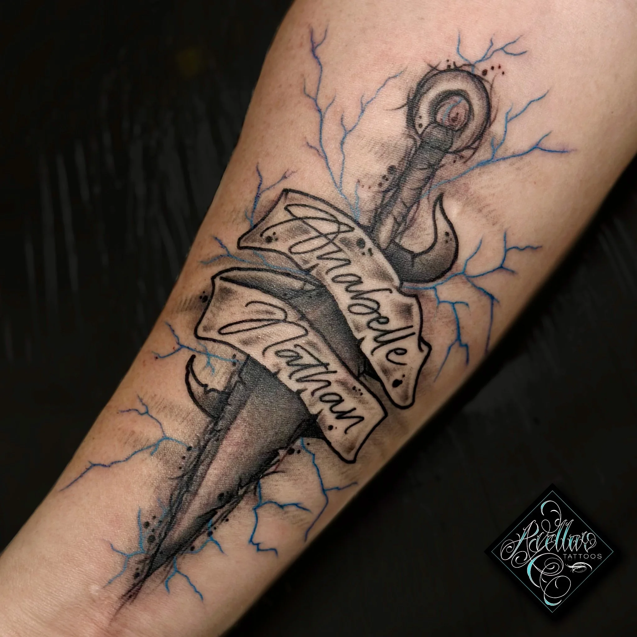Tattoo of a dagger with a banner wrapped around it that reads 'Microsoft'. Blue lightning bolts surround the dagger on the skin.