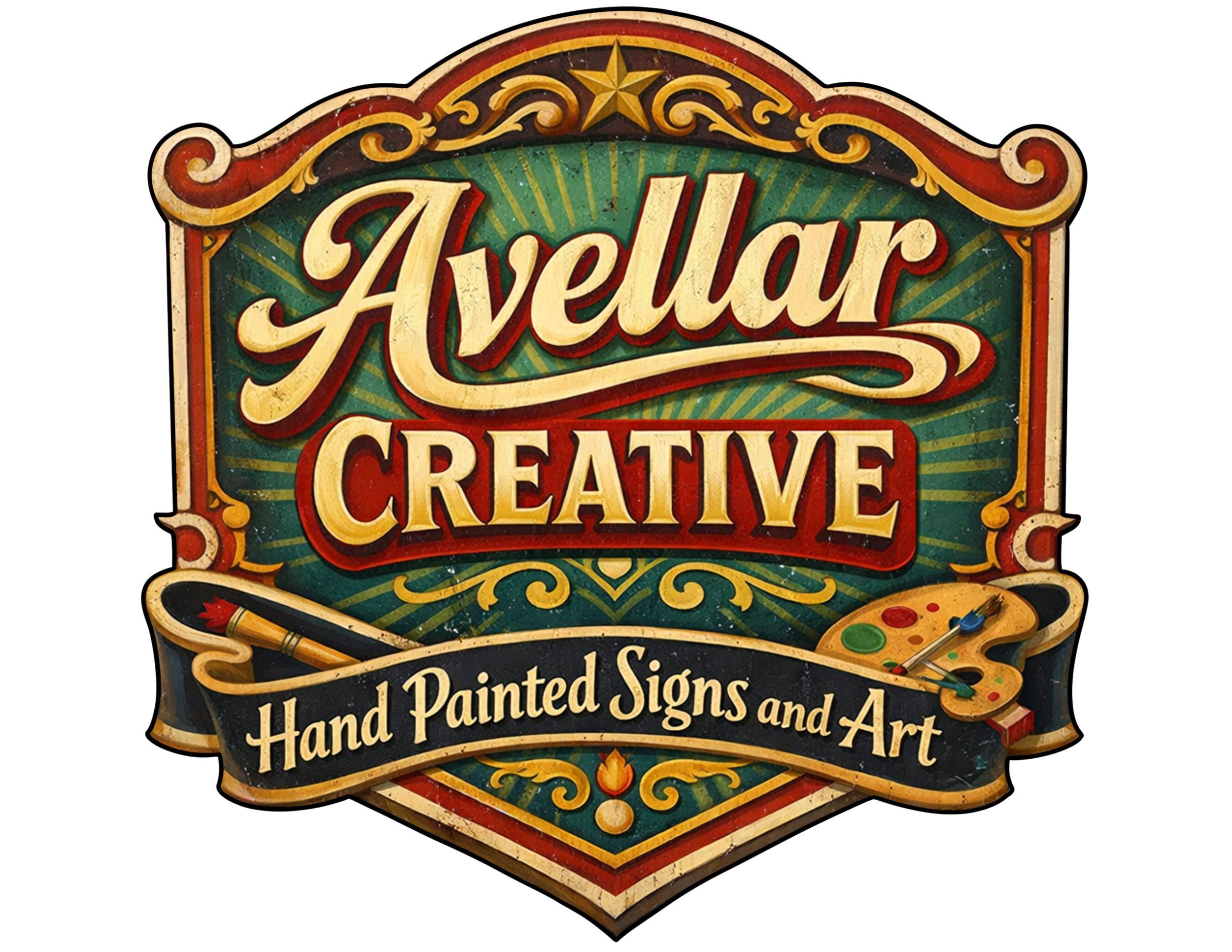 Sign advertising Avellar Creative, featuring hand-painted signs and art, with decorative scrollwork, a paintbrush, and a painter's palette.