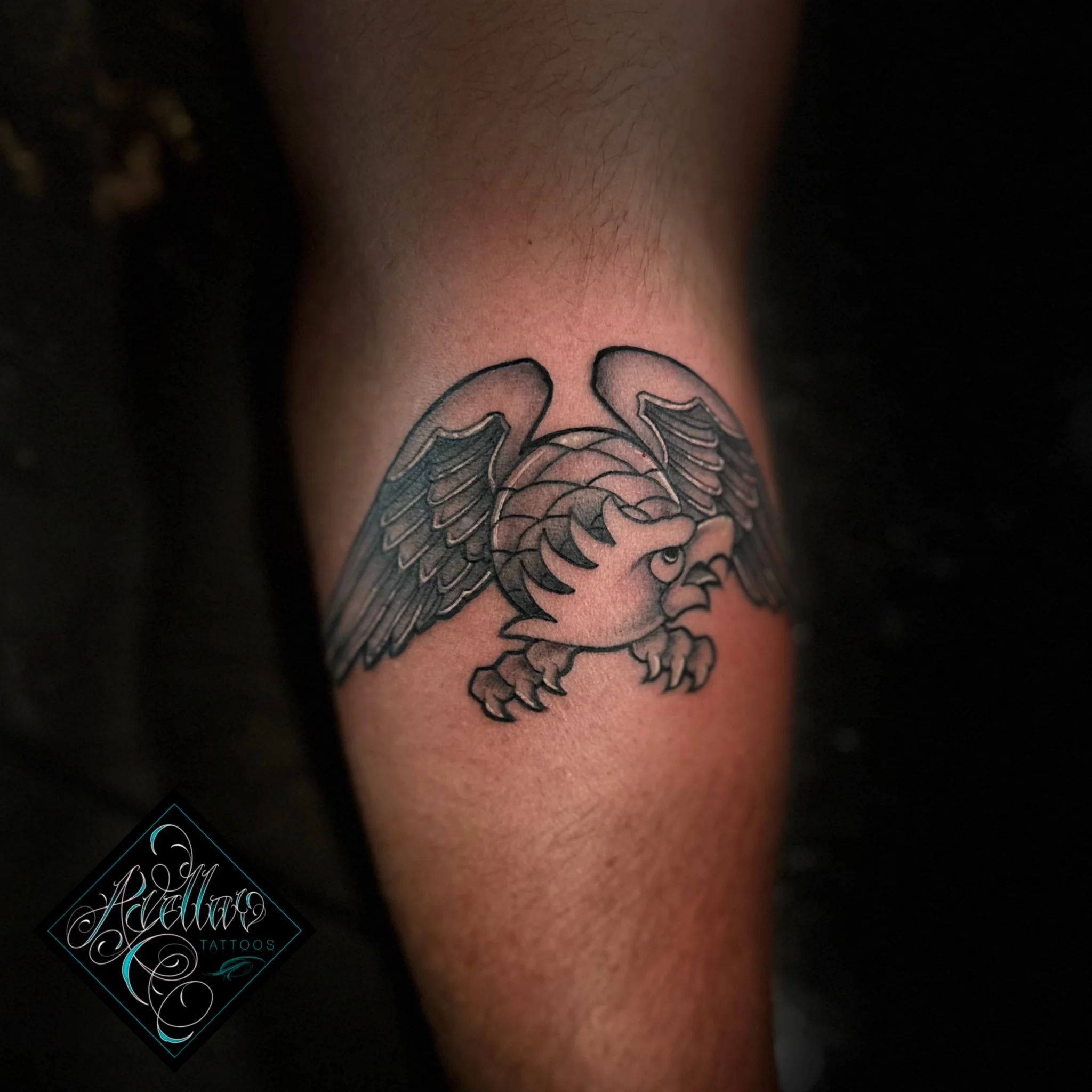 Tattoo of a cartoon-style griffin with eagle wings and feline body on person's upper arm.