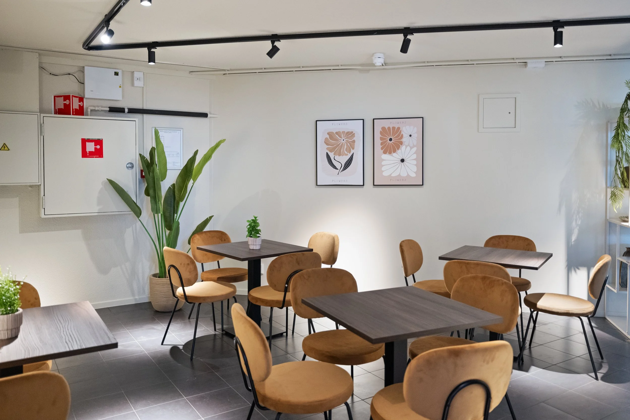 Interior of a modern cafe with wooden tables, tan chairs, potted plants, and framed floral artwork on the white wall.