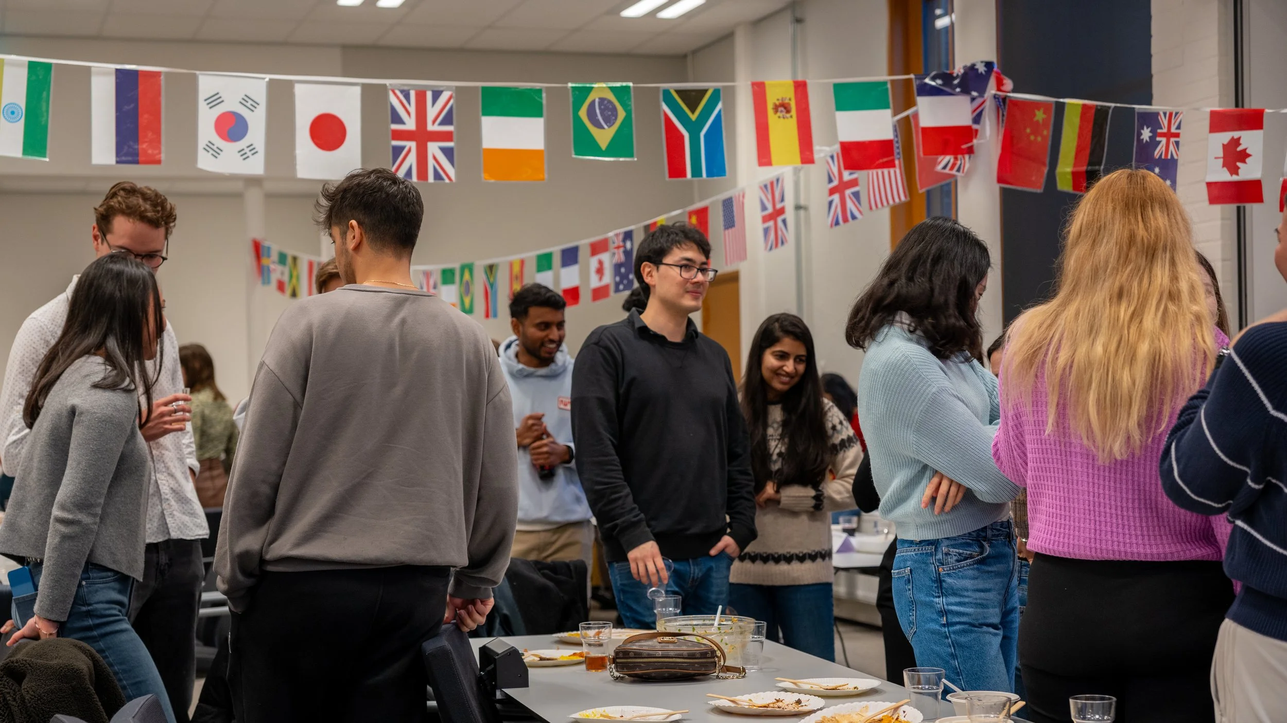 A diverse group of young adults standing and chatting at an indoor social gathering decorated with international flags.