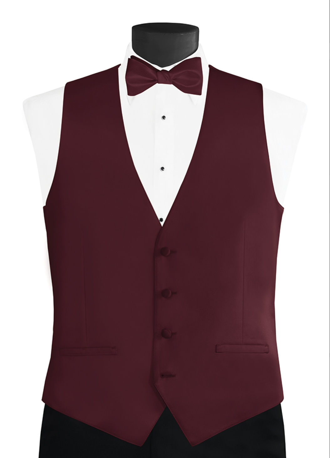 A tuxedo display mannequin wearing a white dress shirt, a red vest, a matching red bow tie, and black pants.