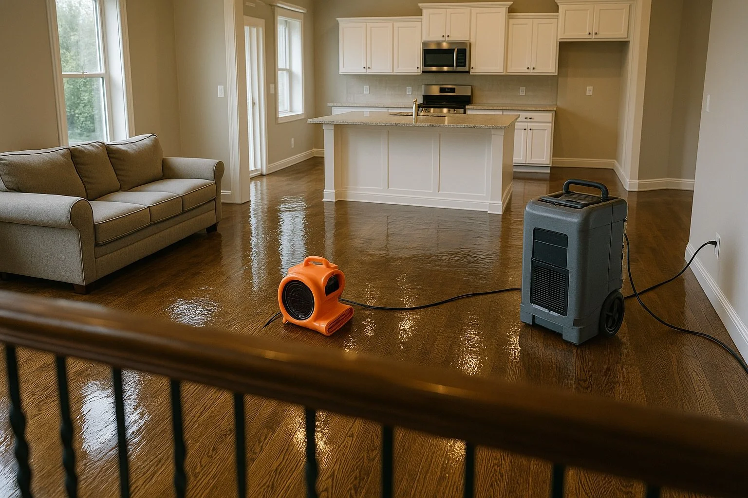 Flooded living room with wet hardwood floor, sofa, and kitchen visible, with an orange air mover and gray dehumidifier working.