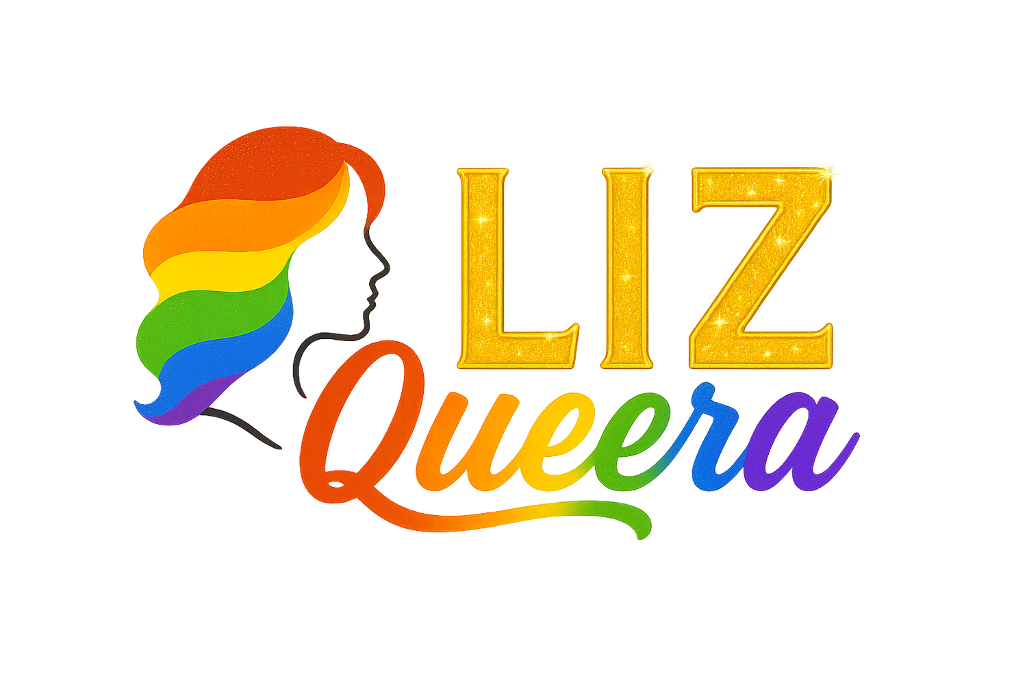 Logo der Kölner Drag Queen Liz Queera mit einer Silhouette in Regenbogenfarben und goldenem Glitzer-Schriftzug