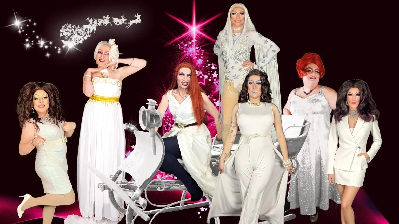 Die KeinKunstDrags - Ein Weihnachtgruß. Künstler auf dem Bild: Daphne Dragee, Luna de Lumiere, Fey Knus, Gloria Gossip, Tara Cotta, Liz Queera, Carry Walker)