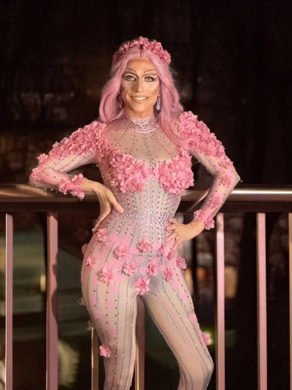 Liz Queera in pink, floral, and bejeweled Outfit