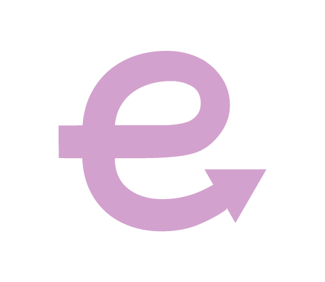 A purple lowercase letter 'e' with an arrow-shaped tail on a black background.