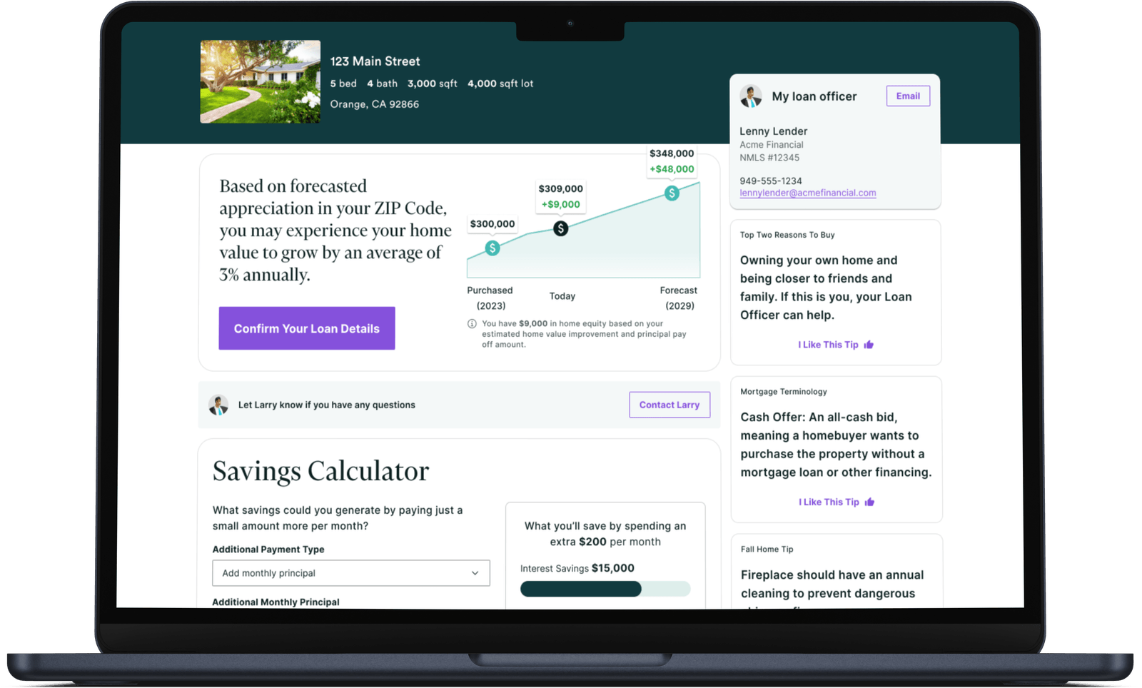 Screenshot of a real estate and financial management website, displaying a property at 123 Main Street, Orange, CA. It includes property details, a loan officer's contact info, a forecasted appreciation graph of home value, a savings calculator, and tips on home buying and mortgage options.