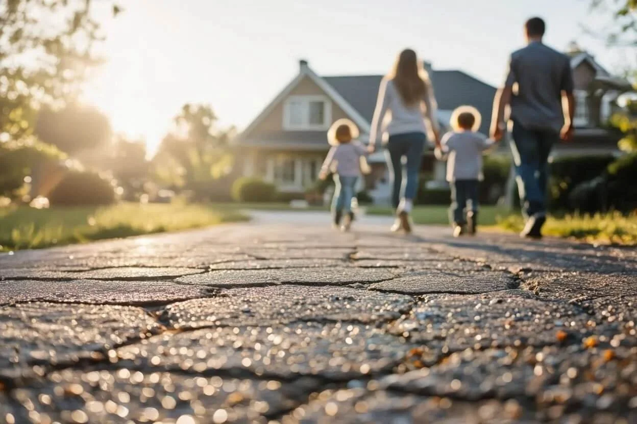A family of four, holding hands, walking on a paved brick street towards a house at sunset.