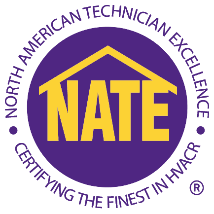 Logo of North American Technician Excellence (NATE) with purple background and yellow house outline, featuring the acronym NATE in yellow and surrounding texts in purple.