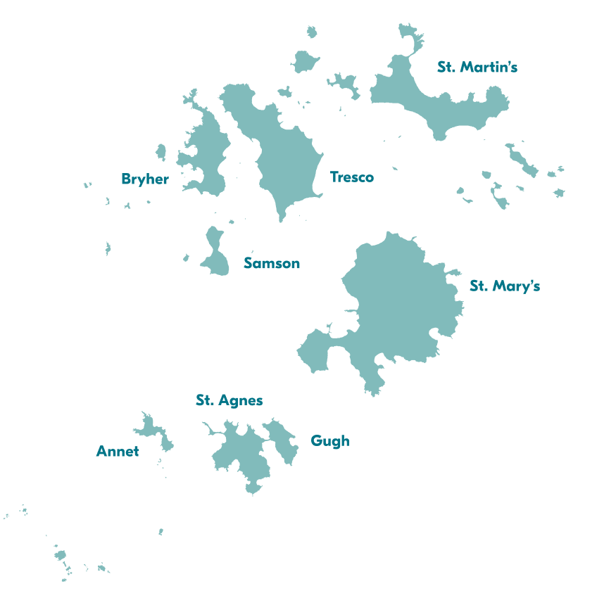 Map of the Isle of Skye showing regions: St. Martin's, Treasco, St. Mary's, Gugh, St. Agnes, Annet, Samson, Bryher, and a central region.