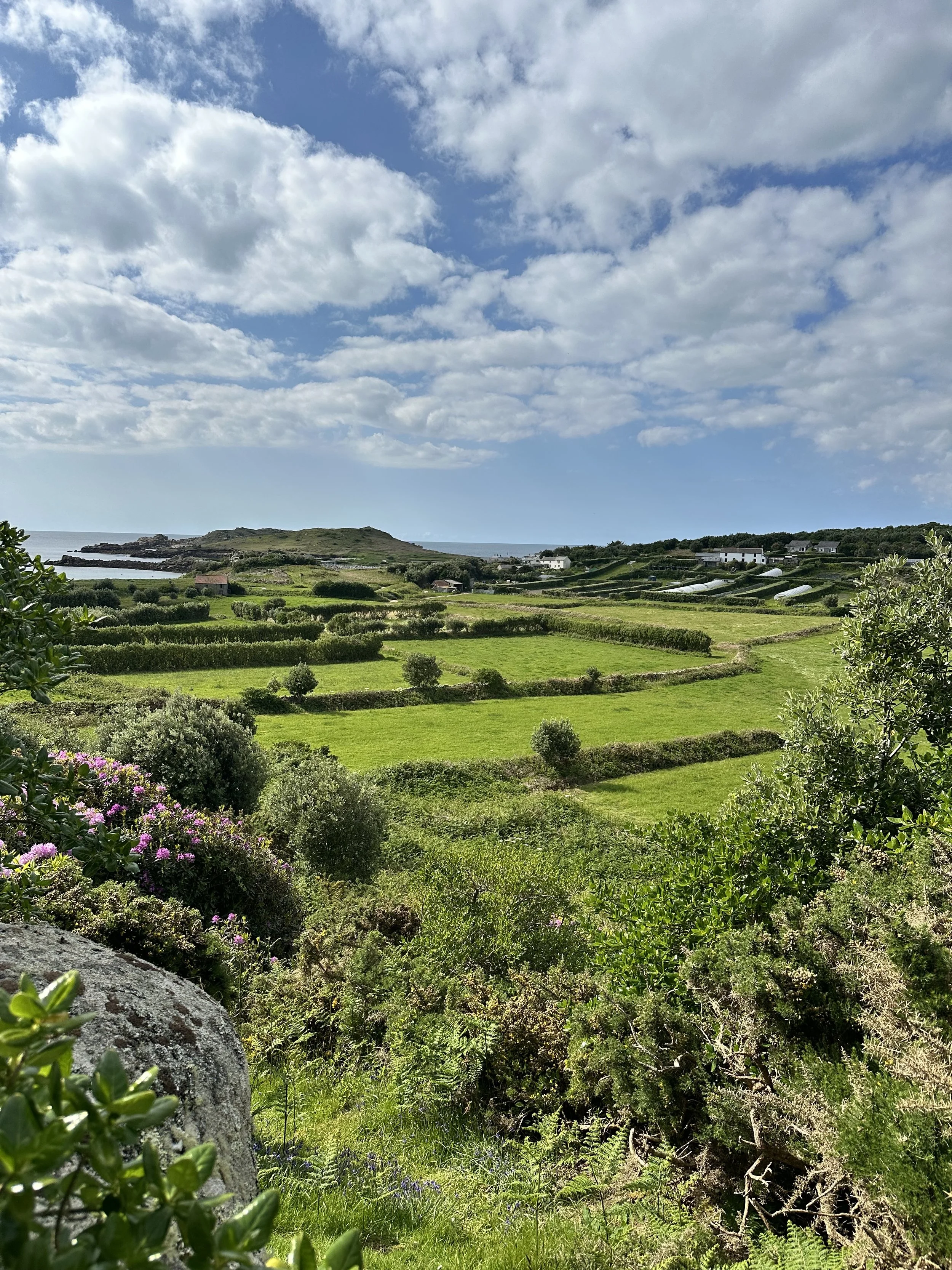Scenic view of lush green fields with HillSide farm houses on rolling hills under a partly cloudy sky near the coast in Bryher.