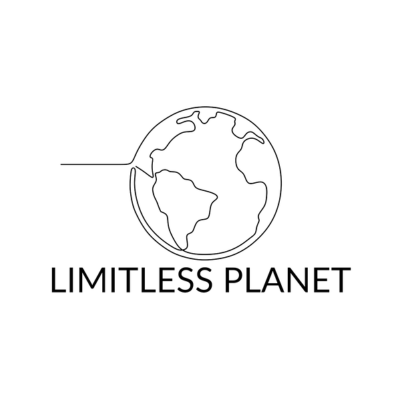 Minimalist black-and-white logo of Earth with the text 'LIMITLESS PLANET' underneath.