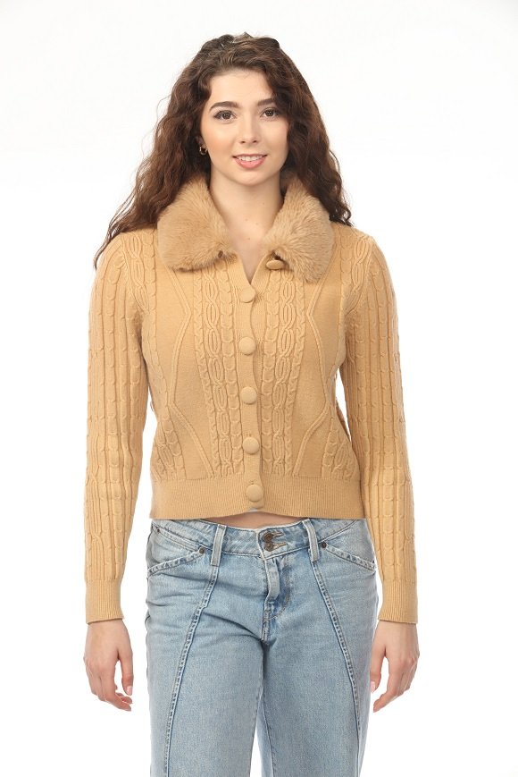 Seraphine Faux Fur Collar Cable Knit Cardigan