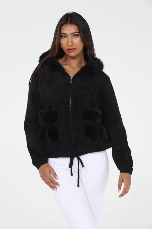 Noelle Faux Fur Pocket Knit Hoodie
