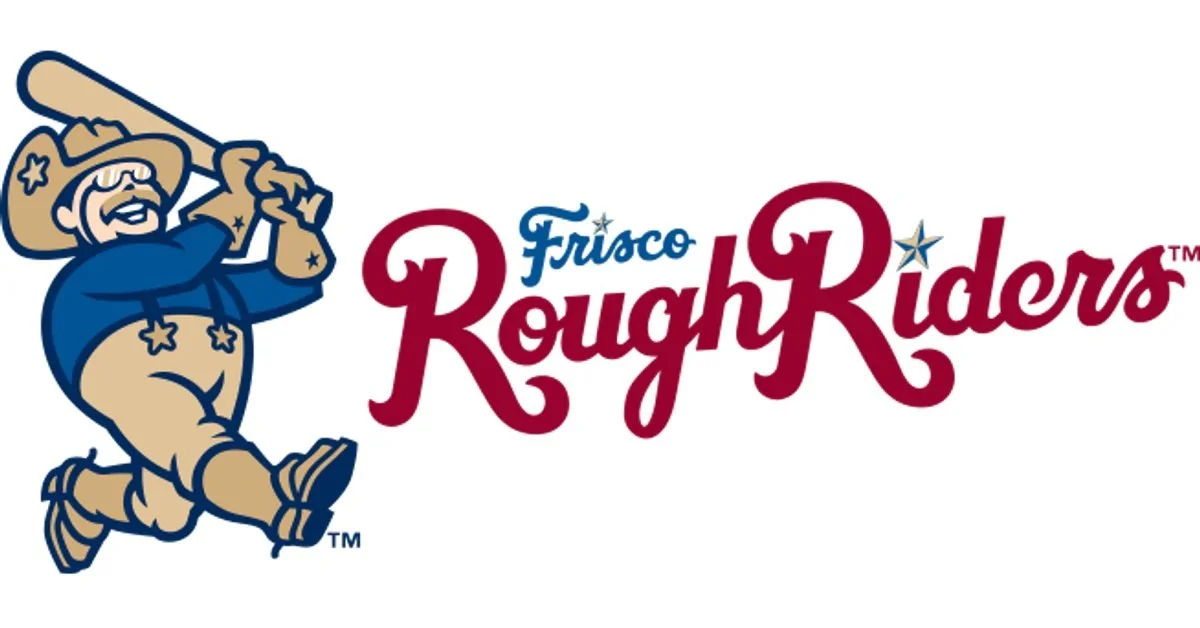 Logo for Frisco RoughRiders featuring a cartoon cowboy with a mustache, cowboy hat, and boots, holding a baseball bat over his shoulder, next to the team name in stylized red and blue lettering.