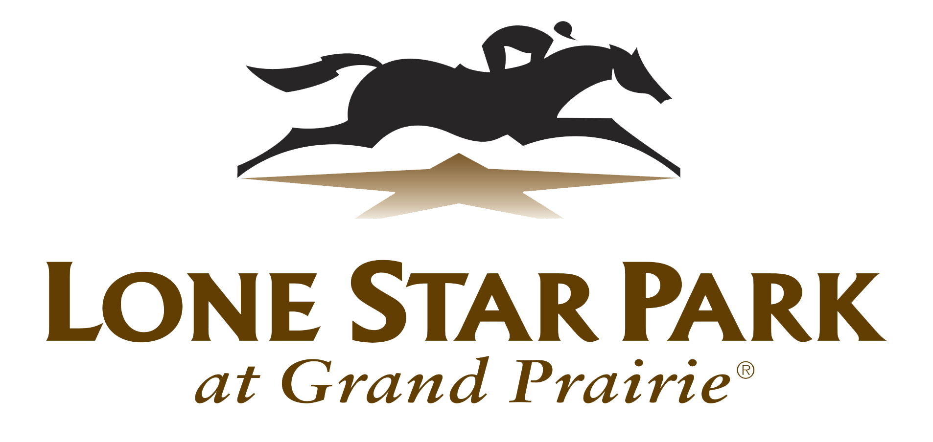 Lone Star Park at Grand Prairie logo featuring a silhouette of a horse and jockey above a star with the text 'Lone Star Park at Grand Prairie' in brown and black font.