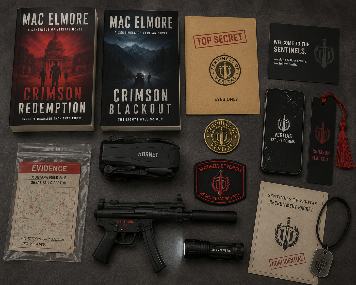 A collection of items related to the TV series "The Sentinel of Veritas," including two books titled "Crimson Redemption" and "Crimson Blackout," multiple patches, a drone labeled "Hornet," a simulated firearm, a flashlight, documents labeled "Evidence," "Recruitment Packet," and other paraphernalia. There are coins, a mobile phone, and a keychain, all themed with the series' insignia and motto.