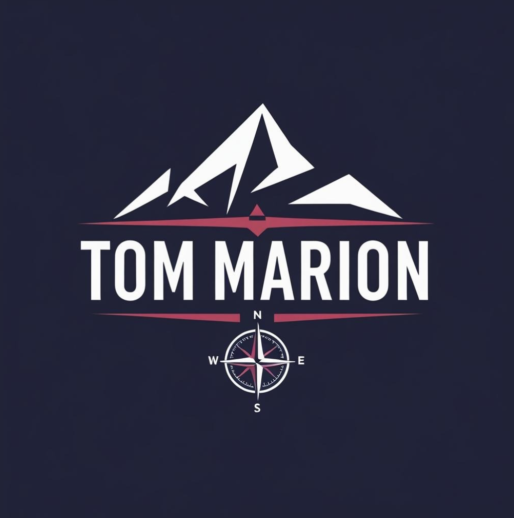 Logo with stylized mountain peaks, the name 'Tom Marion' in bold white letters, and a compass below it on a dark background.