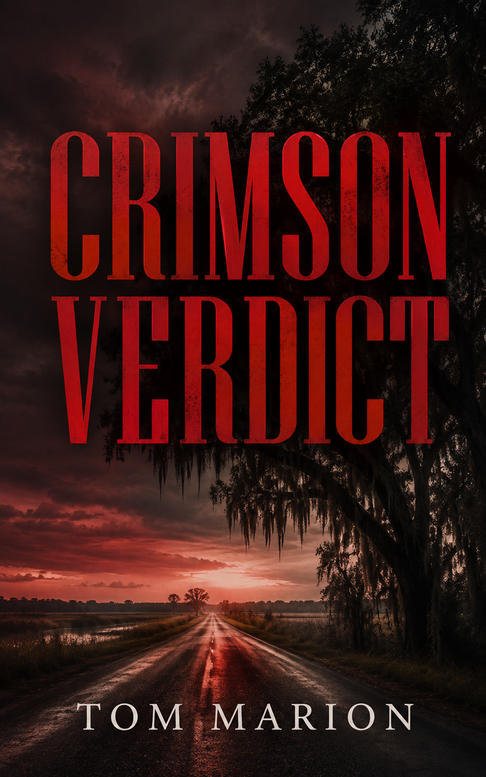 Book cover for 'Crimson Verdict' by Tom Marion, showing a road at sunset with a large tree on the right and dark, ominous clouds.