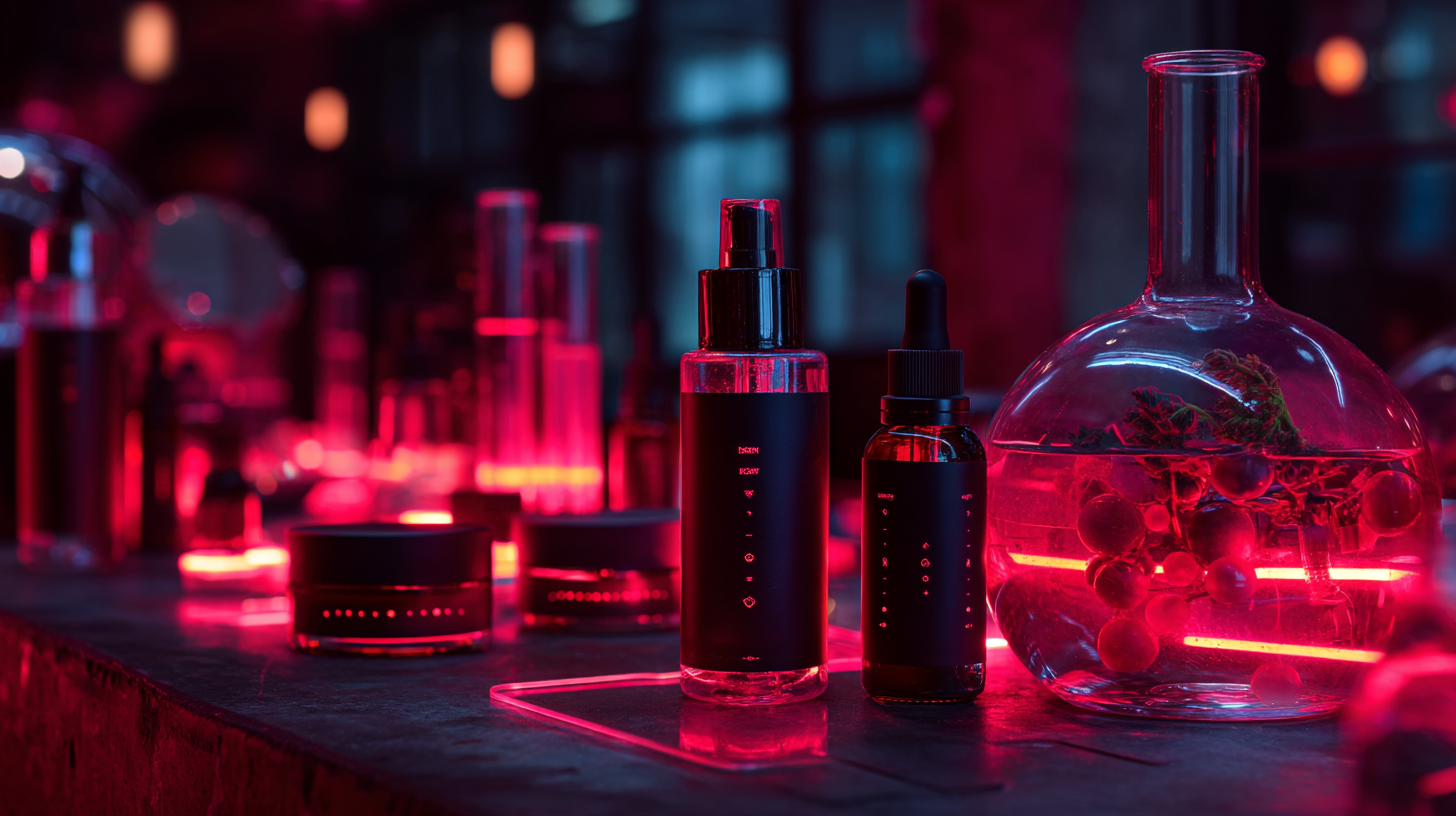 Dark red and black skincare bottles and jars on a dark surface with red lighting, in a dimly lit modern setting. NEOSYNTH serum: transfersomes, dissolving microneedles, advanced delivery, retinal, peptides, adenosine