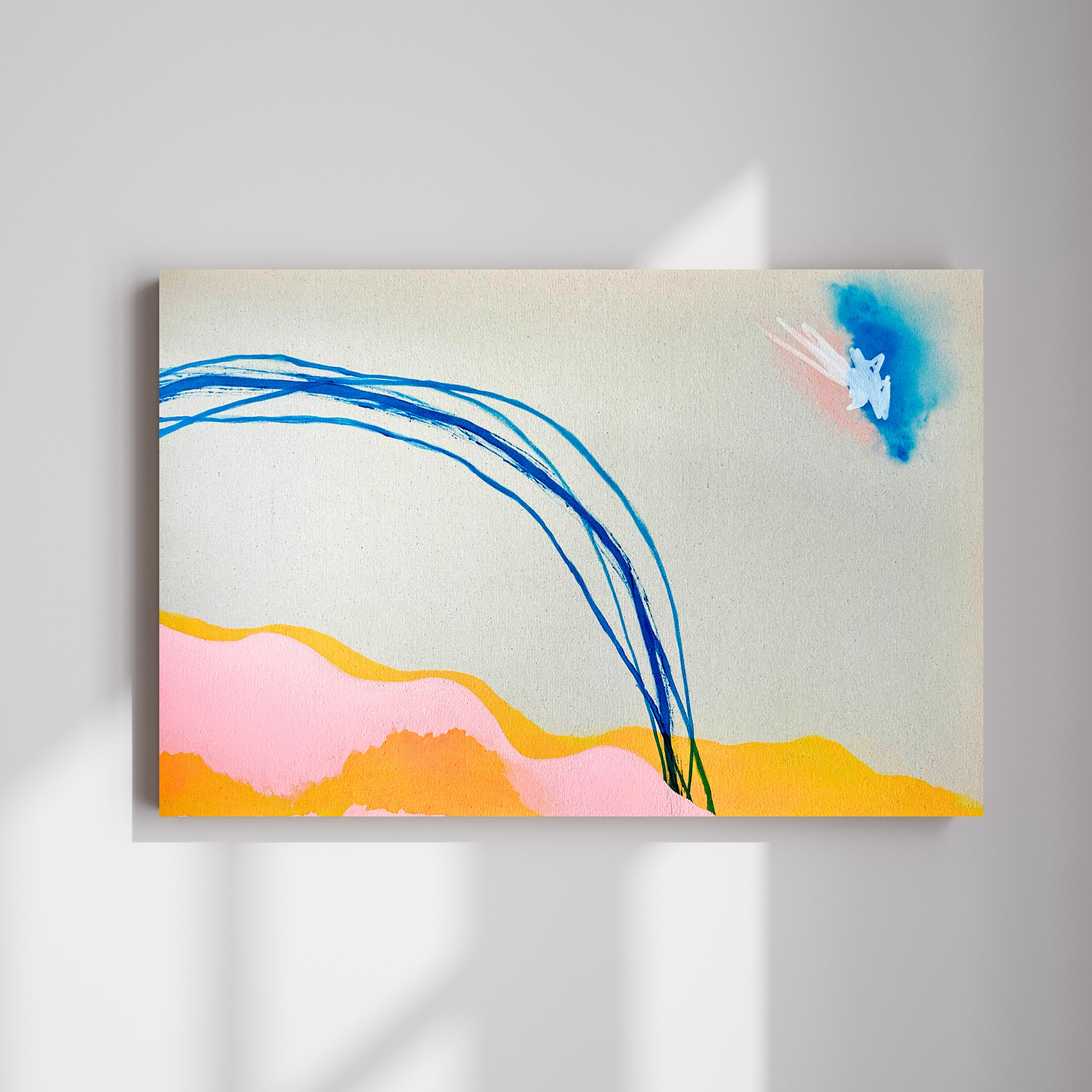 Abstract watercolor painting with blue arcs, pink and yellow shapes, and a small blue splash in the top right corner.