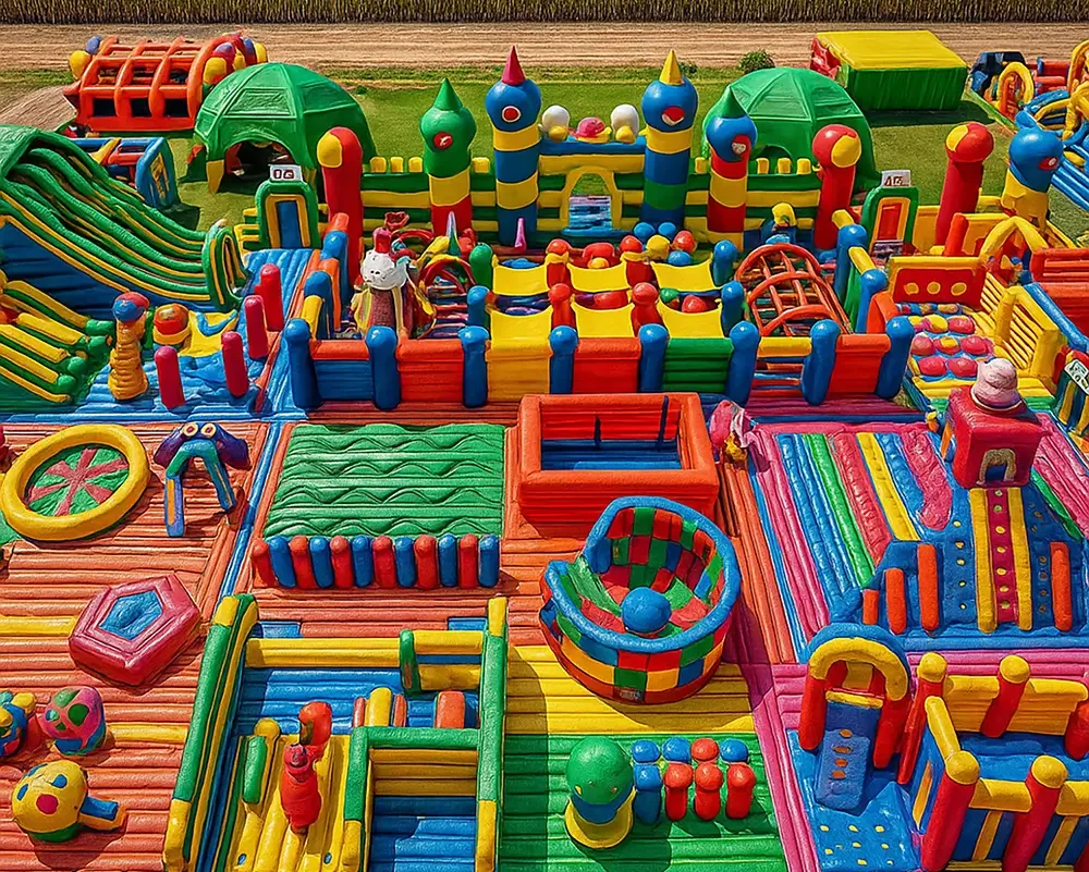 Colorful inflatable playground with various slides, tunnels, and climbing areas on a grassy field.