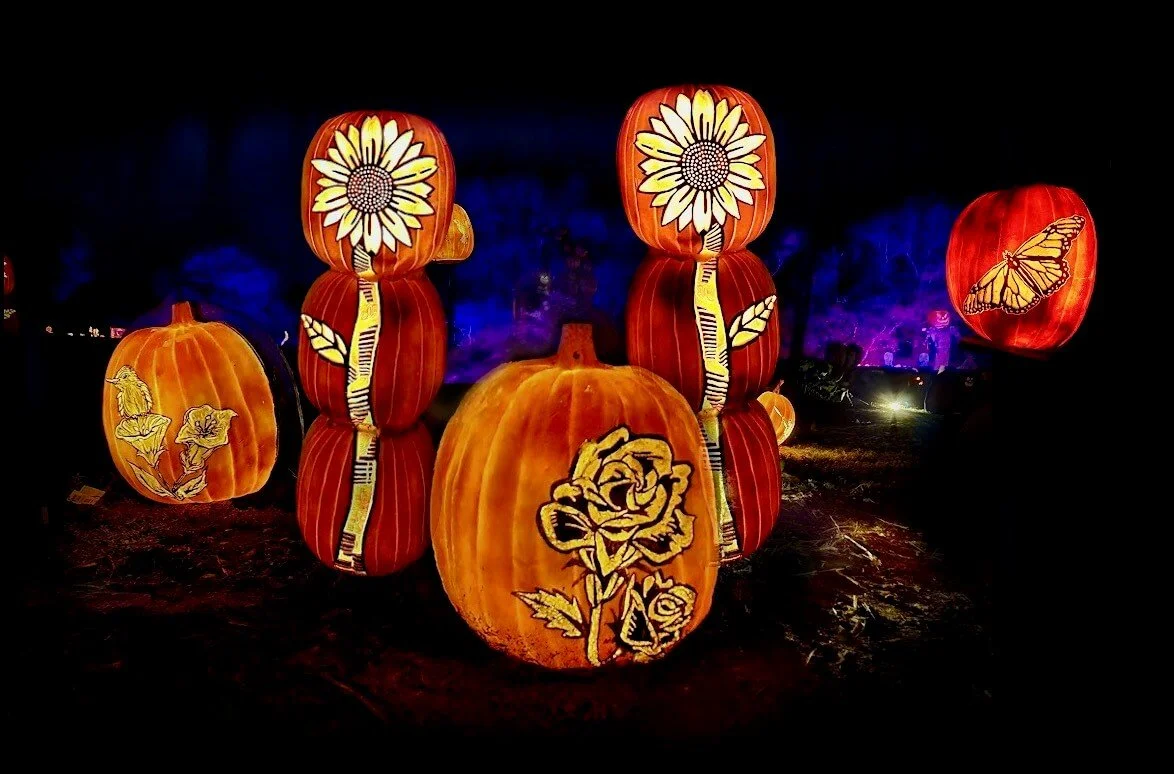 Lanterns shaped like pumpkins featuring floral and butterfly designs, illuminated at night.