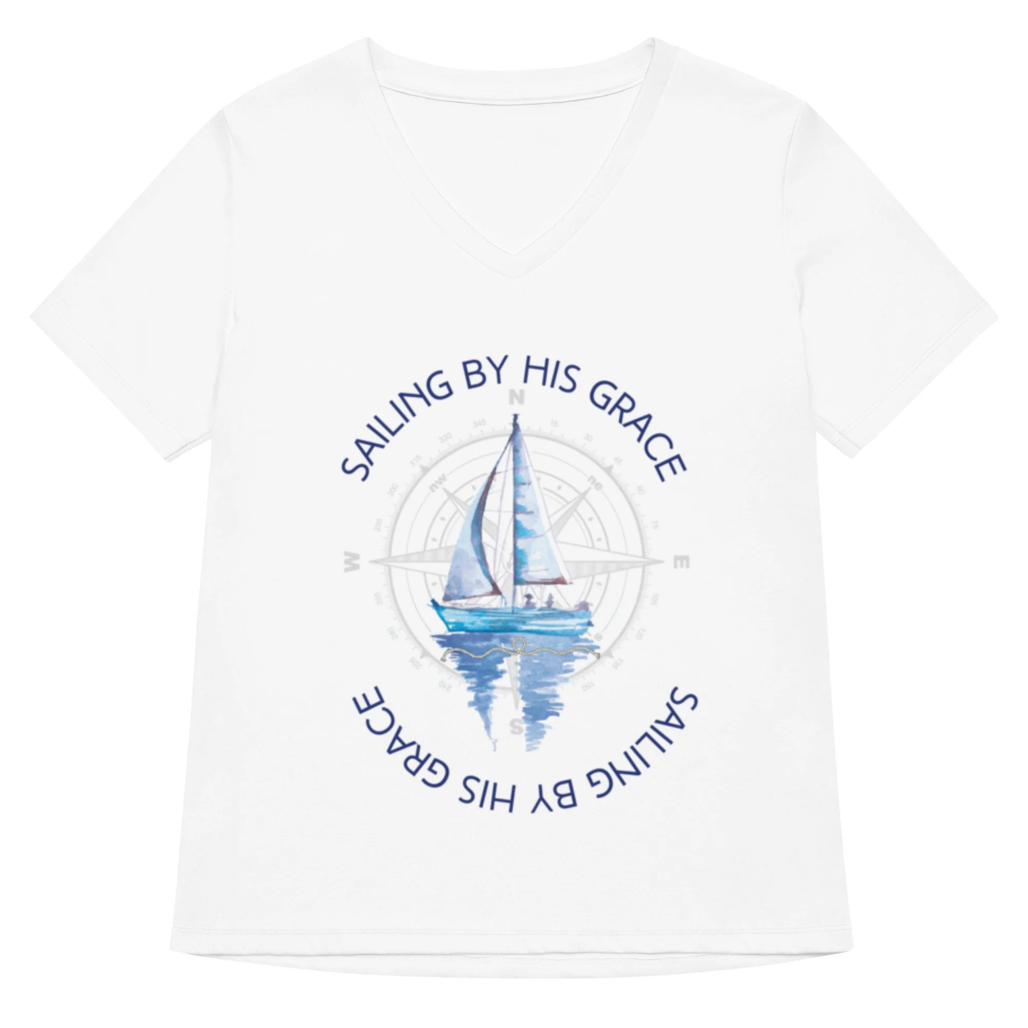 white Sailing by His Grace V-neck T-shirt with blue letters, sailboat and compass icon. Women's Christian T-shirt.