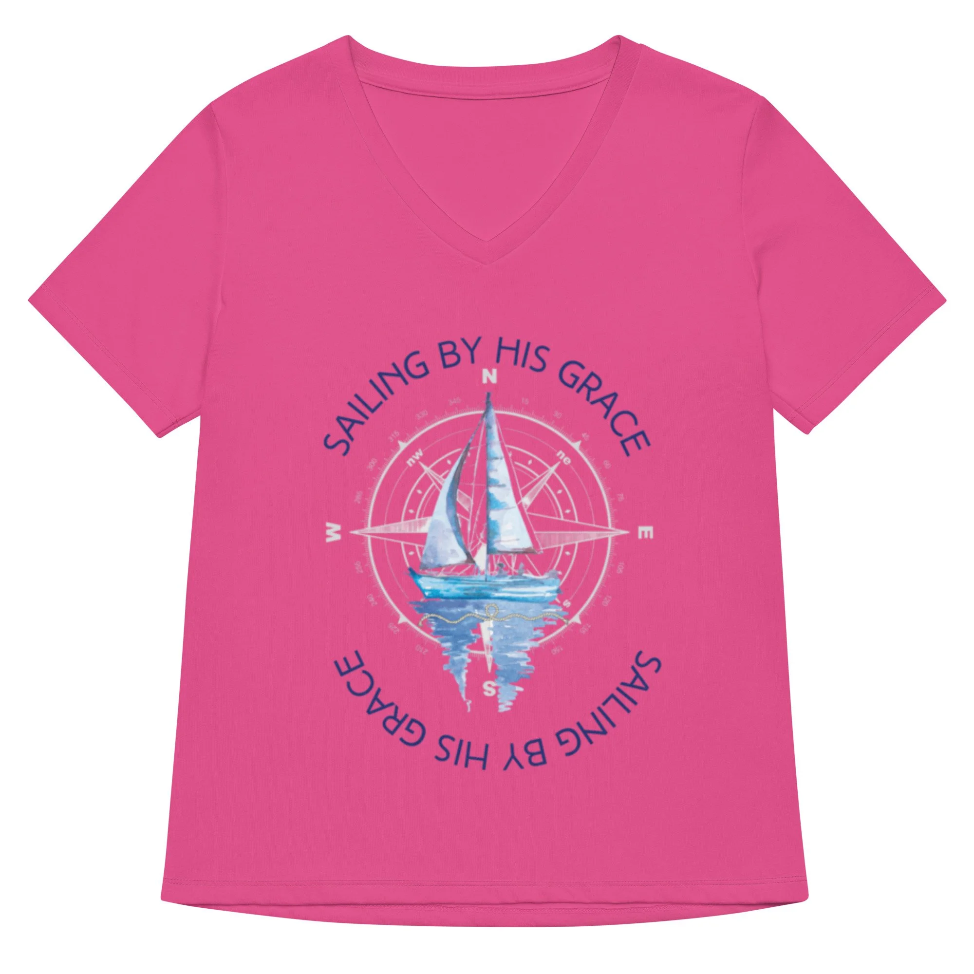 pink Sailing by His Grace V-neck T-shirt with blue letters, sailboat and compass icon. Women's Christian T-shirt.