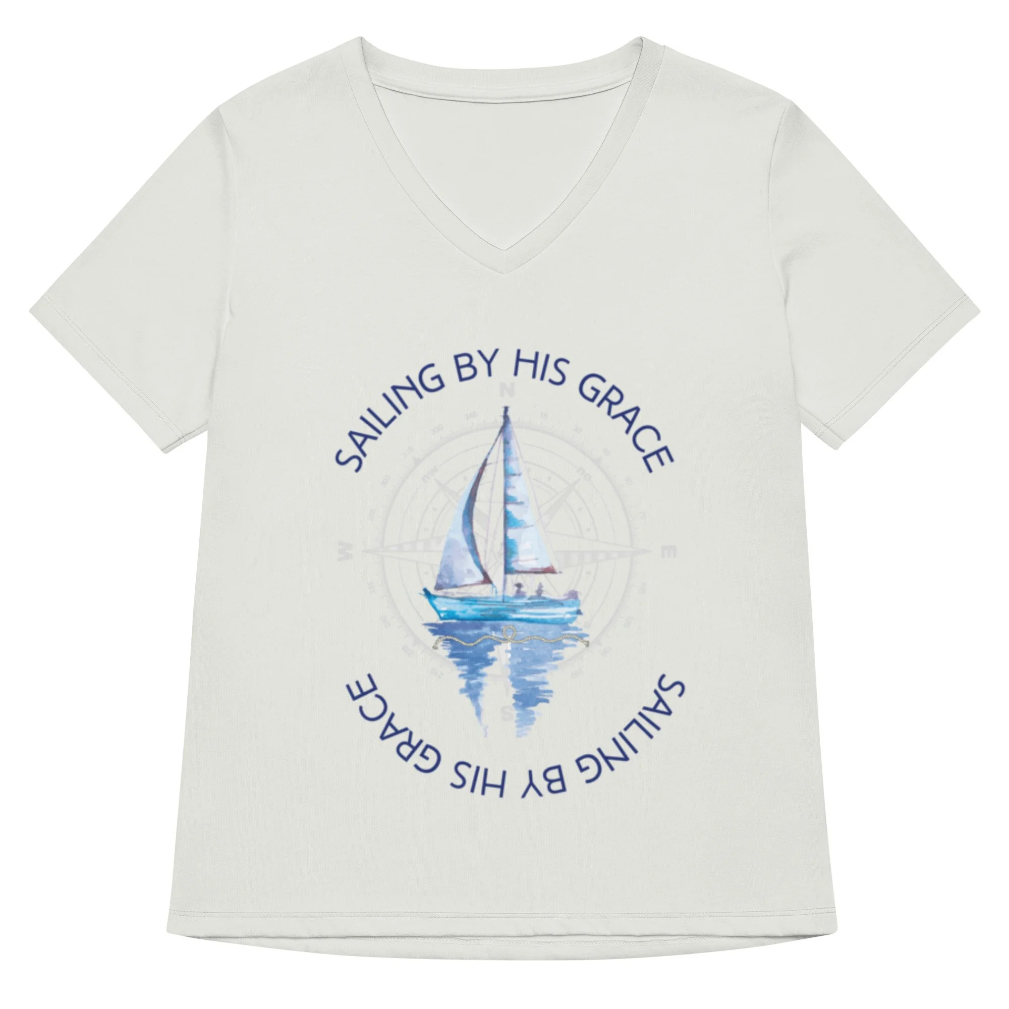 silver Sailing by His Grace V-neck T-shirt with blue letters, sailboat and compass icon. Women's Christian T-shirt.